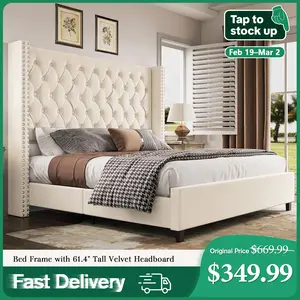 [FebruaryStockUpSale] AMERLIFE 61.4" Tall Bed Frame, Modern Upholstered Bed, Wingback Headboard, Velvet Tufted Handcrafted Pleat Deep Button/Comfort Luxury Design/Interior Wood Slats/No Box Spring Needed, Queen/King Size/Best Gift Ideas/Christmas Gifts