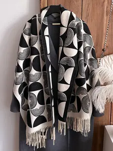 Women's Geometric Print Fringe Trim Shawl, Boho Style Casual Soft Warm Long Bohemian Scarf for Fall & Winter, Fashion Accessories for Daily Wear