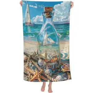 Colorful Beach Towel Microfiber Sand Free Art Seashells Glass Bottle Towels for Adult Kids Quick Dry Ultra Absorbent Super Soft Pool Travel Swim Bath  Towel 52”x 32”