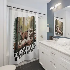 In the Forest We Believe In the Dogs We Trust Shower Curtain | Deer and Hounds Woodland Scene