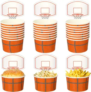 Pack of 24 Basketball Hoop Snack Cups with Cards 8 oz Disposable Paper Basketball Party Cups Sports Balls Treat Food Bowls for Balls Birthday Party Favors Decorations Supplies