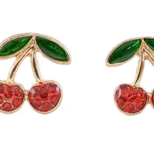 Cherry Post Earrings Approx 0.5 Inch Post Back with Red Gemstones and Green Leaves Design