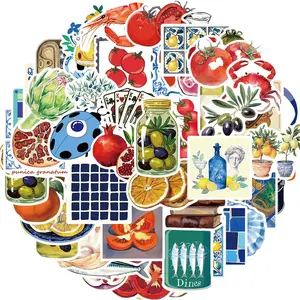 Mediterranean Food Sticker, 50pcs Cartoon Mediterranean Tomato Food Vinyl Decals for Decor Laptops, Aesthetic Cute Lemon Labels Sticker for DIY Scrapbook