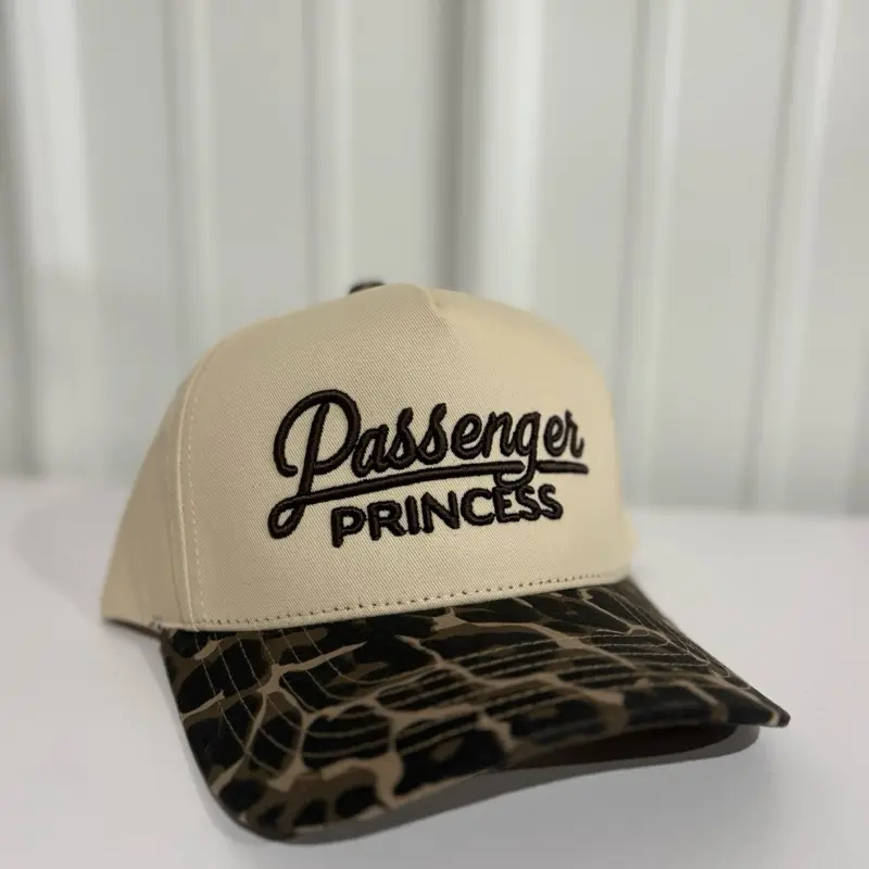 Passenger Princess Hat with Leopard Print Brim and Black Embroidery 3D Puff Design for Stylish Look