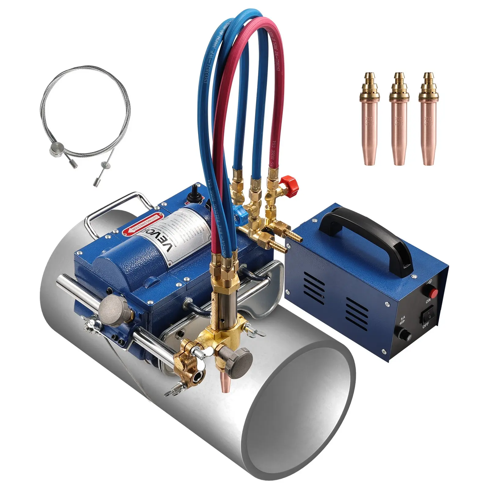 VEVOR 110V CG2-11C Electromagnetic Gas Cutting Machine, 2-30/Min Automatic Beveler for 0.2-4 Thick Tubes, 3 Copper Cutting Tips Adjustable Angles, Torch Burner with Pipe Clamps, Excellent Thermal Conductivity, Uniform Flame, Simple Setup, 3 Tips