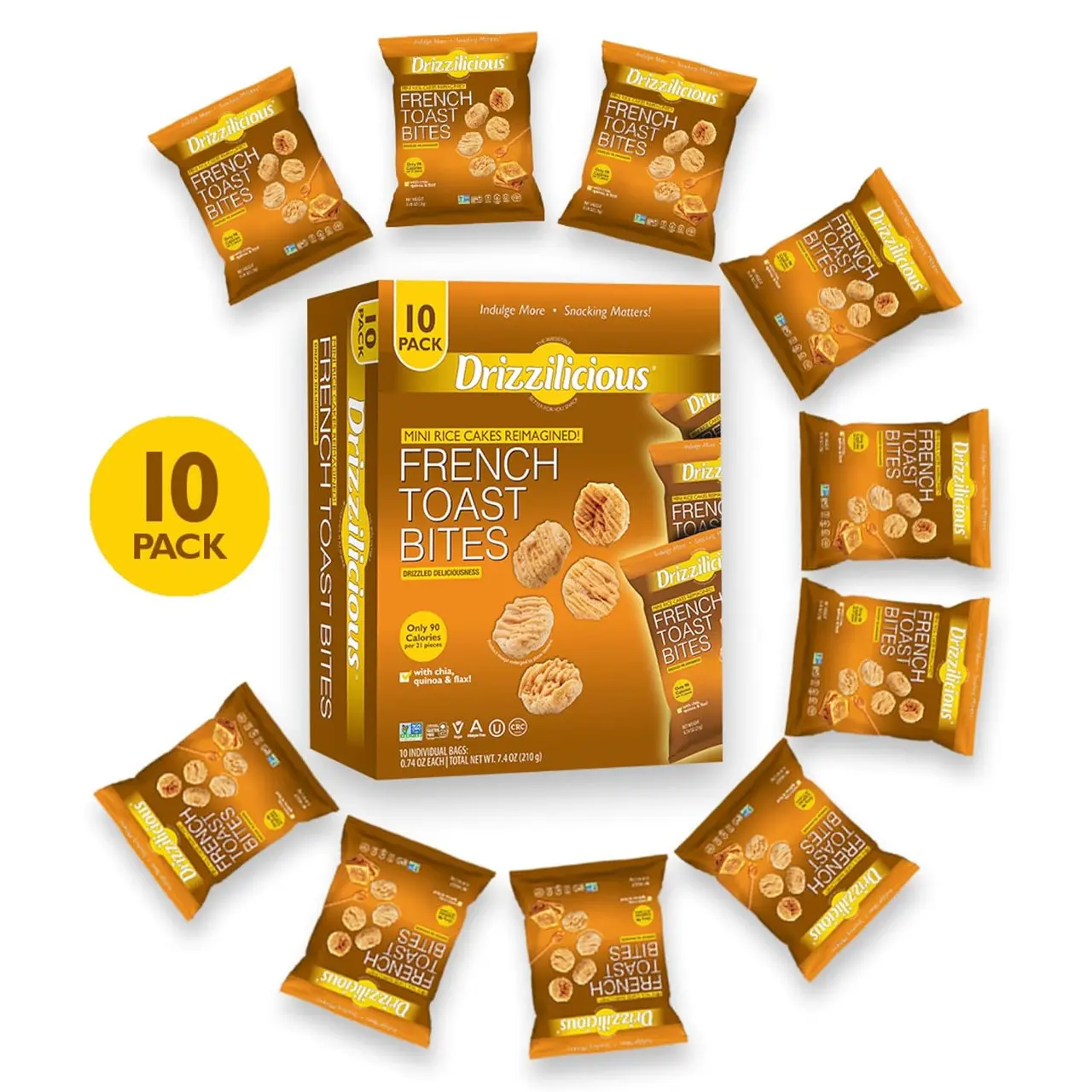 Drizzilicious French Toast Bites Mini Rice Cakes - Gluten Free Vegan Low Calorie Snacks, Sweet Baked Rice Bites & Allergen Friendly Treats for Cravings, On the Go Diet Friendly Plant Based Dessert Pouches, 0.74 oz Pouch (Pack of 10)