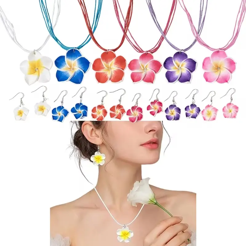 6 Sets Hawaiian Plumeria Flower Jewelry Set for Women - Soft Multicolor Necklace & Earrings (Pink, Blue, Red, Purple, Yellow, White) - Bohemian Hawaiian Plumeria Flower Dainty Hoops & Choker, Year-Round Wear for Vacation sohochic