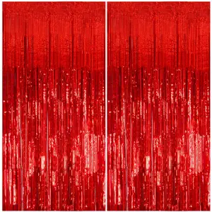 2 Pack Foil Curtain Backdrop Red Metallic Tinsel Foil Fringe Curtains Photo Booth Props for Birthday Wedding Engagement Baby Shower Bachelorette Christmas Holiday Celebration Party Decorations