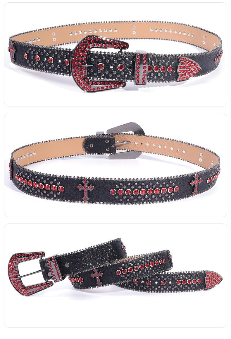 Unisex Crocodile Pattern Belt with Rhinestone Decorative Buckle Cross Pendant New Street Fashion Denim Belt Adjustable for Most Waist Sizes