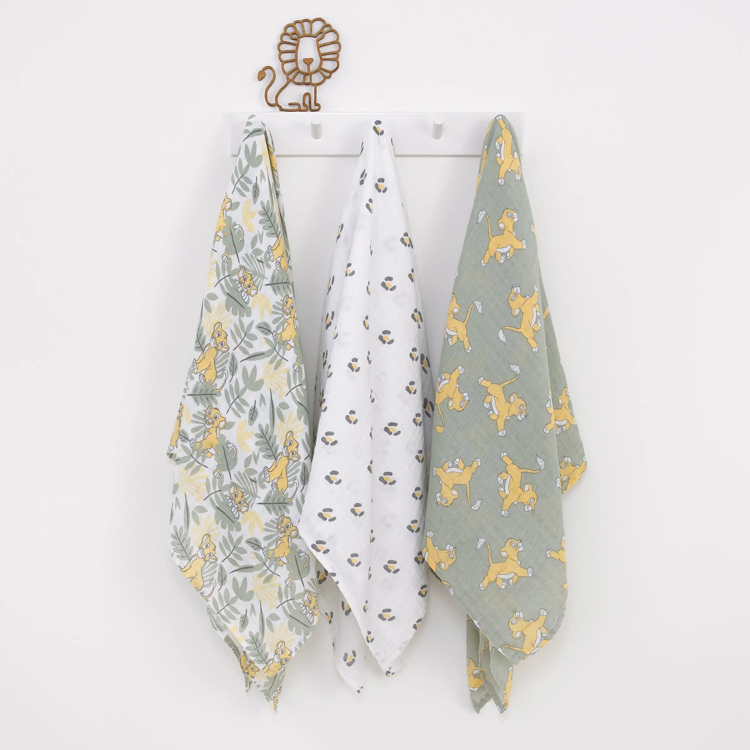 Disney Lion King Sage, Yellow, and White 3 Piece Muslin Swaddle Baby Blanket Set