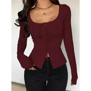 Women's Sexy Solid Color Knitted Elastic Round Neck Tie Decor Long Sleeve Tight Fit T-Shirt, Versatile Daily Wear Knitwear Womenswear Casual