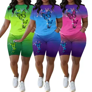 Plus size butterfly print gradient two piece set, round neck short sleeve top and shorts clothing, women's plus size clothing   2 piece sets women summer outfits rave outfits Womenswear Suits Comfort Casual Crewneck Dark Pink Ombre Shortsleeve