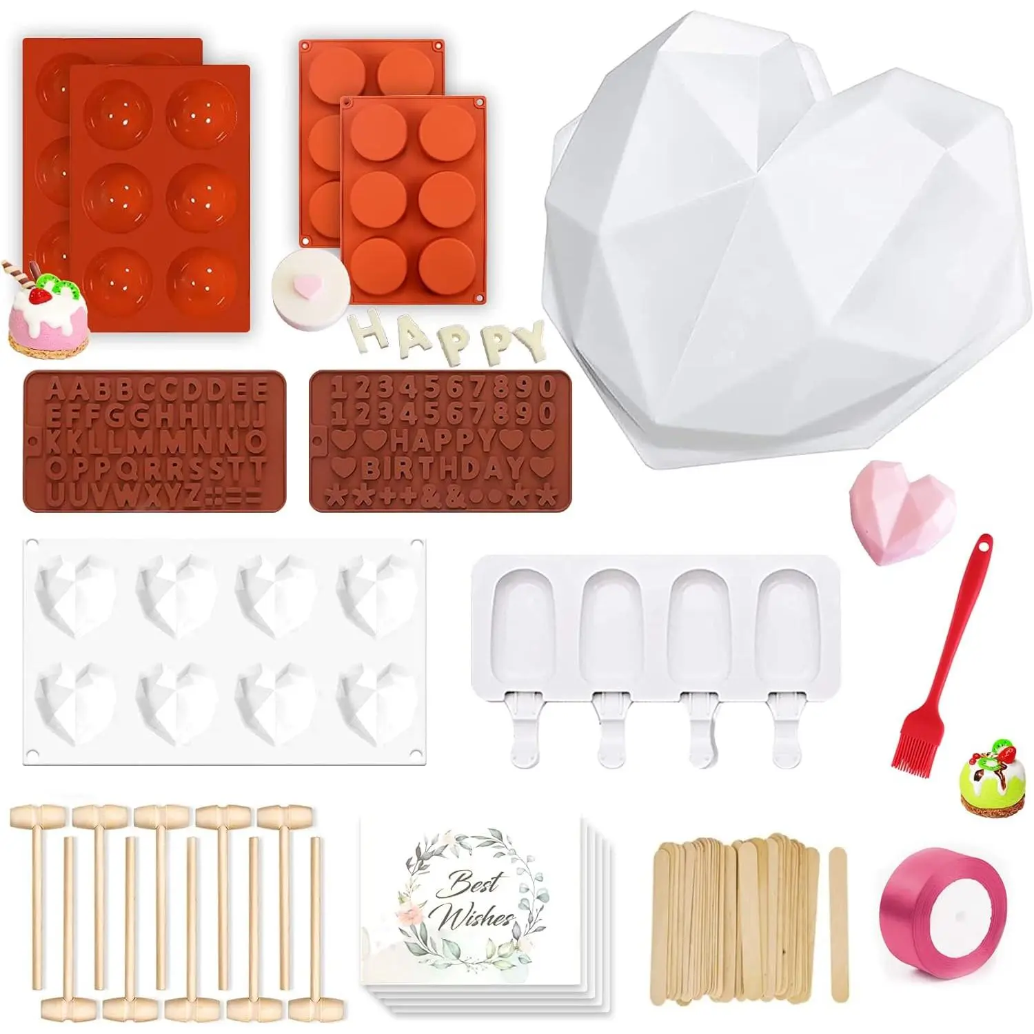 Molds Set,Large Breakable Heart Mold,2.6in Hot Cocoa Bomb Mold,Round Oreo Molds for Baking,Popsicle Cakesicle Molds,Letter Molds, for Easter,Summer Vacation,Birthday