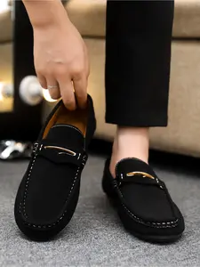 Vintage Minimalist Light Luxury Dark Soft-Sole Low Top Loafers, Metal Buckle Decoration, Suede Upper Comfortable Casual Shoes, Fine Stitch Pattern, Suitable for Dating, Streetwear, Office & Commute, Year-Round Wear