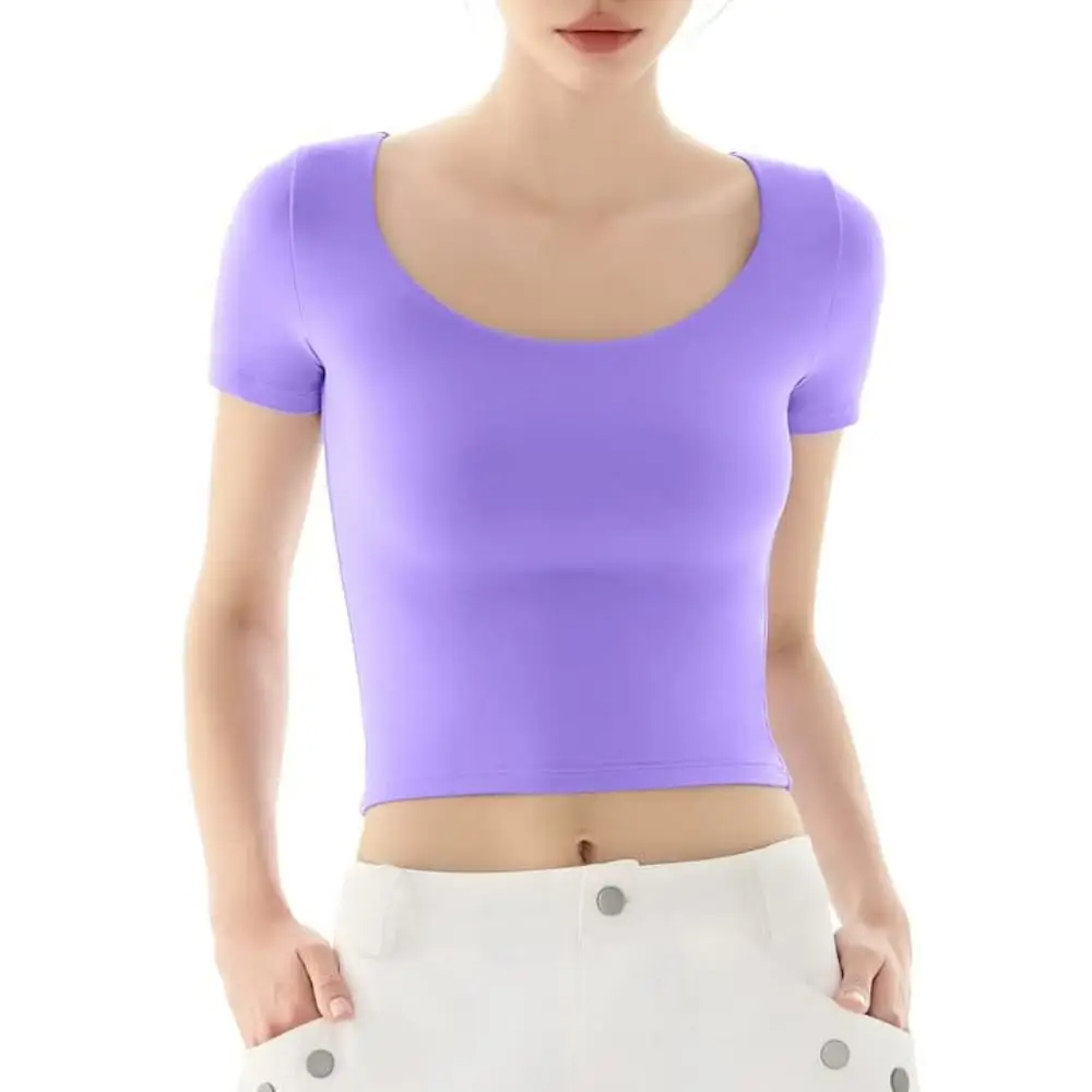 PUMIEY 【Back to School】Women's Scoop Neck Short Sleeve T-Shirt Slim Fit Sexy Tops Womenswear Underwear Streetwear Minimalist Shortsleeve White Crop To