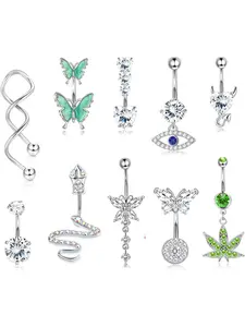 Women's Rhinestone Decorated Charms Belly Piercing Body Jewelry, Belly Button Rings, New Summer 2024 Butterfly & Eye & Snake & Heart Navel Real Jewelry Sets for Women Girls