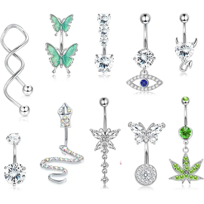 Women's Rhinestone Decorated Charms Belly Piercing Chic Body Jewelry, Body Piercings Set, Belly Button Rings, New Summer 2024 Butterfly & Eye & Snake & Heart Navel Real Jewelry Sets for Women Girls, Body Jewellery