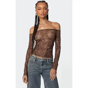 Edikted Women's Leopard Sheer Mesh Off Shoulder Top