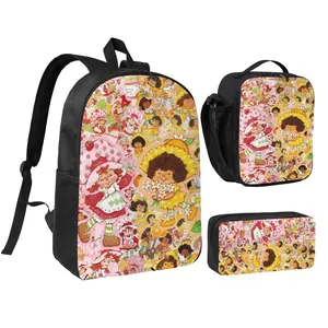 17 Inch Strawberry Shortcake 3-Piece Backpack Set, Waterproof Lightweight Travel Daypack with Lunch Box & Pencil Case for Teens Daily Use