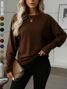 Women's Batwing Sleeve Solid Color T-Shirt, Elastic Long Sleeve Top, Casual Fashion Warm Base Layer, Perfect for Daily Wear & Parties