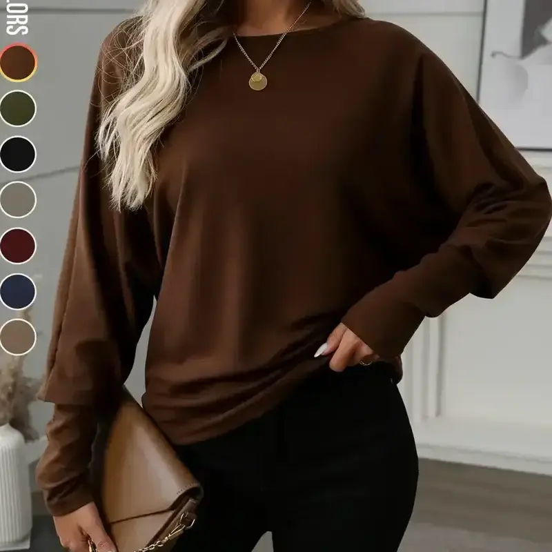 Women's Batwing Sleeve Solid Color Basic T-Shirt, Elastic Long Sleeve Top, Casual Fashion Warm Base Layer, Perfect for Daily Wear & Parties