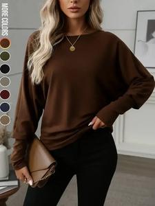 women's batwing sleeve solid color t-shirt, elastic long sleeve top, casual fashion warm base layer, perfect for daily wear & parties