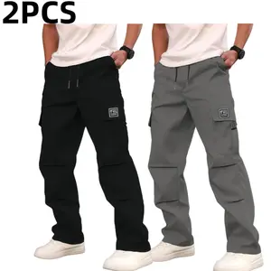 Men’s 2-pack cargo wide-leg pants with multiple pockets, summer drawstring elastic waist straight-leg casual pants, street functional style labeled cargo long pants