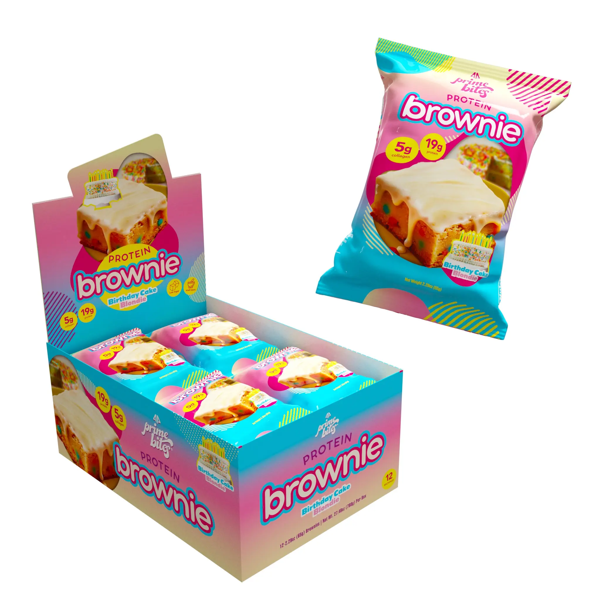 Prime Bites Protein Brownie Sweet Snack - Birthday Cake Blondie Flavor, 19g Protein, 12-Pack Nutrition Bar