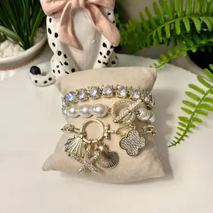 Shop The Look 14k Gold Plated CZ Pave Charm Bracelet Stack with Pearl Accents and Shell Charms for Stylish Layering