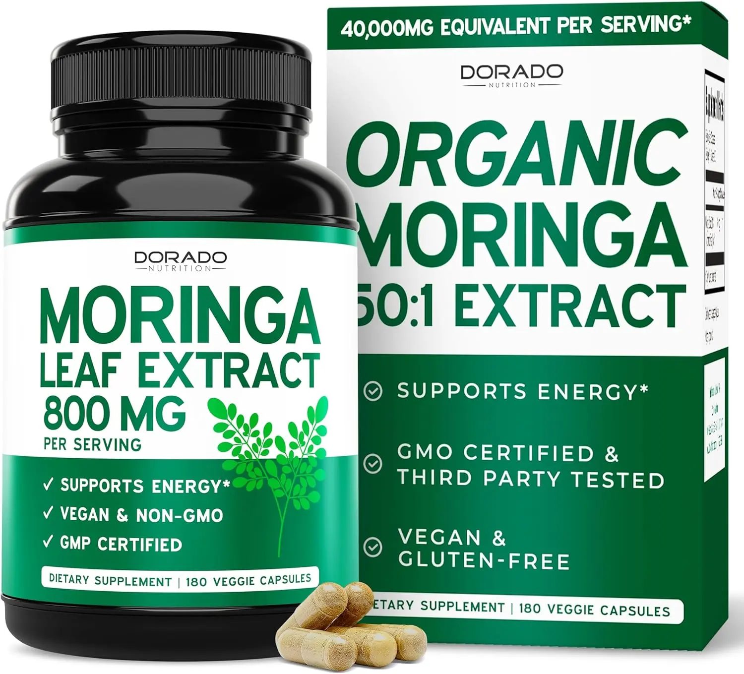 Organic Moringa Capsules (180 Count) Pure Organic Moringa Leaf Powder Supplement - Energy, Skin, Gut Health Support - Vegan Safe, Third Party Tested & Non GMO - USA Made - 180 Capsules