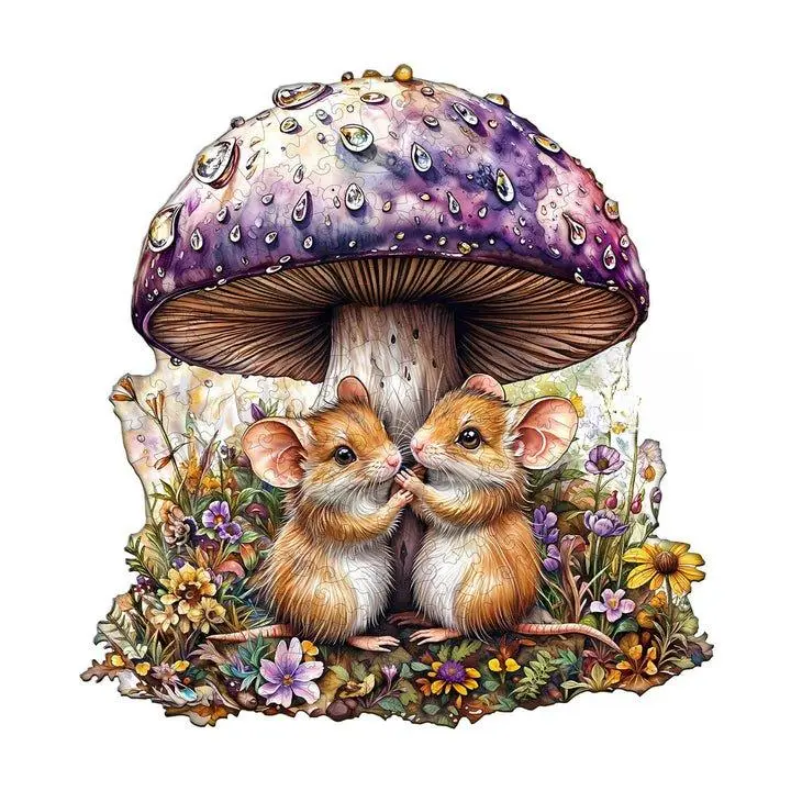 Mice and mushrooms Wooden Jigsaw Puzzle for Adults and Kids Unique Shape Animal Wood Puzzles Challenging Puzzle, Family Game Creative Gifts，Laser-Cut Durable HDF Wood Puzzle