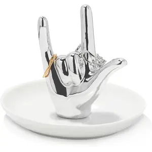 I LOVE YOU Hand Ring Holder Ring Dish Ceramic Jewelry Holder Dish Trinket tray for Rings Earrings Necklace Organizer, Engagement Wedding Ring Holder, Christmas Birthday Gifts (Silver)