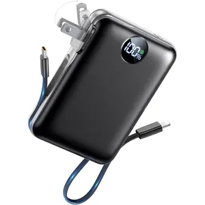 10000mAh Slim Portable Charger Built-in Cables Wall Plug 22.5W USB C 4 Outputs LED Display for iPhone14-17 Black Travel Essential