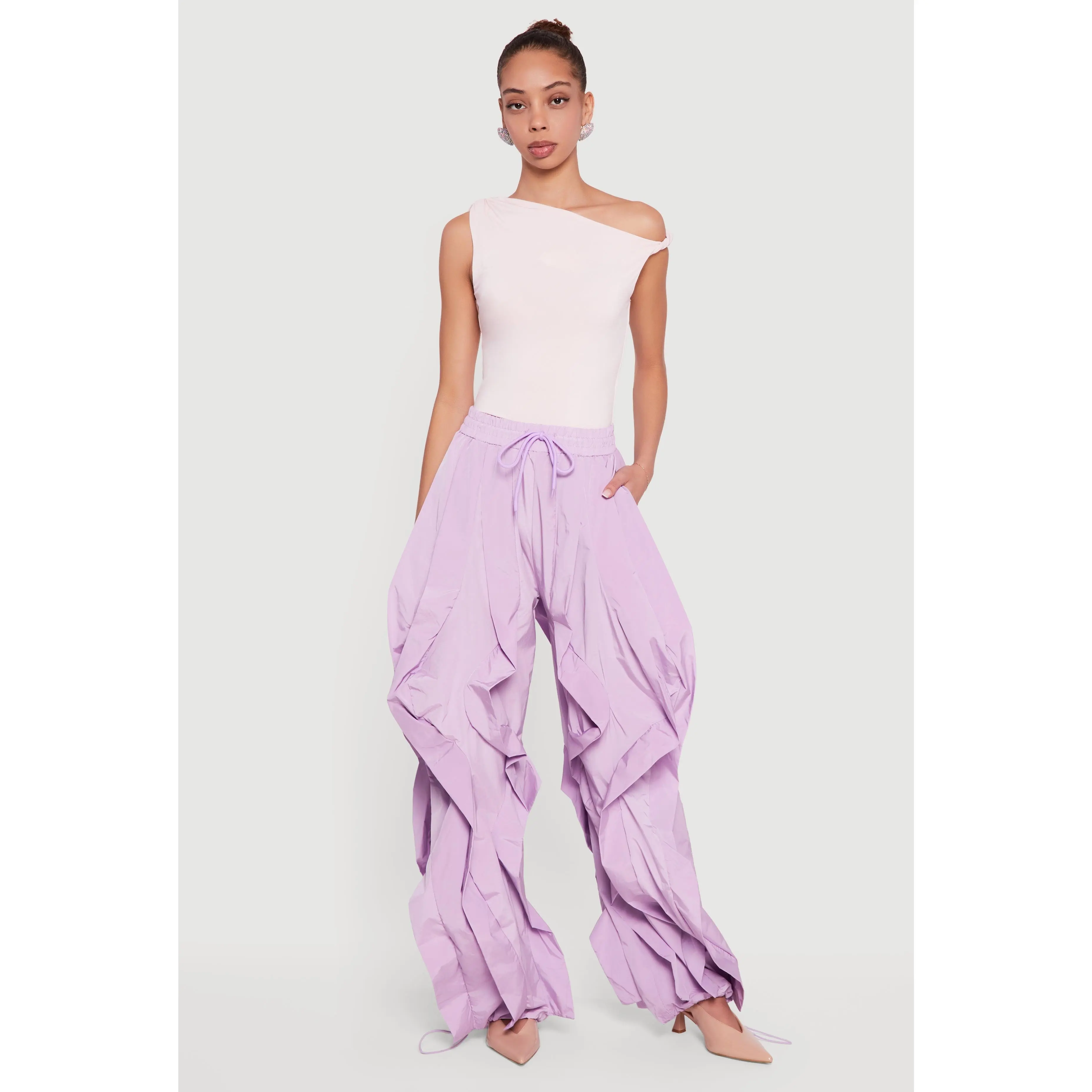 Drawstring Waist Ruffle Parachute Pants