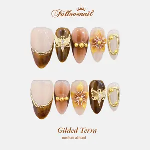 Fullovenail Medium Almond 10 PCS Gilded Terra Handmade Press on Nail REUSABLE 3D Gel Fake Nails Acylic Press on Nail/Christmas Autumn Fall Winter Peret 2025