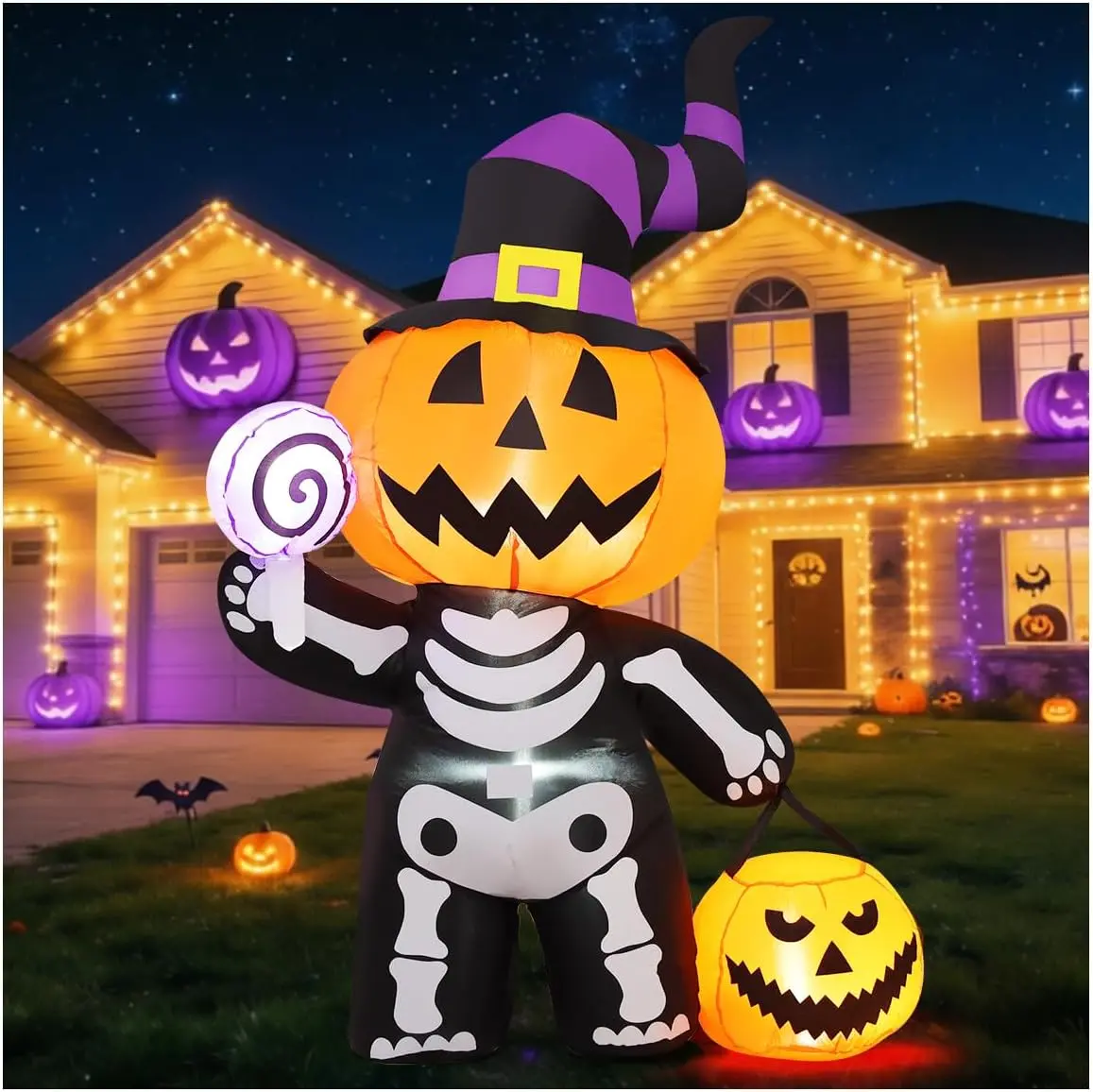 6ft Halloween Inflatable Pumpkin Skull Decoration - Built-in LEDs, Spooky Design - Blow Up Ornament for Porch, Lawn