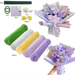 500 Piece Pipe Cleaner Flower Kit, 5 Color Craft Set, Chiffon Stem Flowers, Floral Tape, Stamen, Ribbon, Mother's Day Gift, DIY Graduation Gift