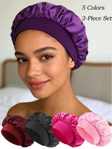 2 Pcs Extra Wide Elastic Satin Bonnet, Sleeping Cap for Women Sleek Hair Protection Sleep for Natural Hair Black Girls Silk Curly Hair Care Large Stretchy Satin Sleep Cap Hair Wrapping Haircare