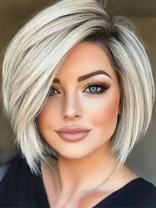 Women's Short Gradient Bob Wig, Straight Synthetic Fiber Hairpiece, Layered Cut Design, Soft 10-Inch Daily Use for Women & Girls, Glueless Bob Wigs