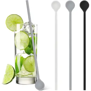 Reallnaive 3 Pcs 10" Silicone Stirrer Stick Spoon Reusable Long Cocktail Coffee Stirrers Iced Tea Spoon Swizzle Stirs Stick Multipurpose for Whiskey Beverage Formula Mixing Milk(Black,White,Grey)