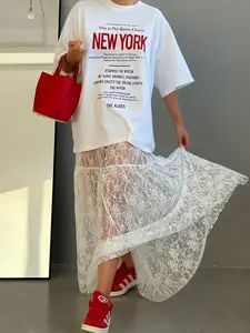 Women's Plain Lace Skirt, Casual A Line Maxi Long Skirt for Summer, Fashion Women's Skirt for Beach Party Vacation, Scallop Trim Skirt