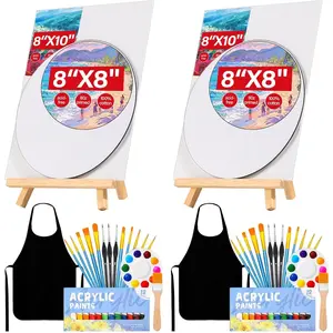 Painting Kit 62 Pcs Detail Paint Brushes Canvas Panels with Wood Easel 12 Colors Acrylic Paint Circular Canvas Art Aprons Sip and Paint Supplies for Adults Kids Beginner