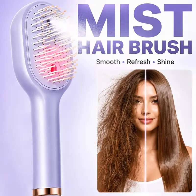Portable Nano Spray Electric Massage Comb - USB Rechargeable, Hydrating Detangler for All Hair Types with 1-Click Retract Silicone Bristles, Soft Air-Cushion Round Teeth, Reduces Frizz, Boosts Smoothness, Travel-Friendly Haircare Tool