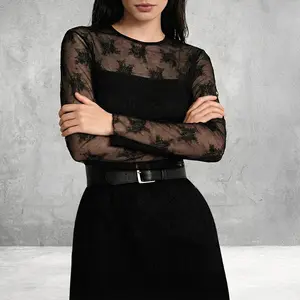 ETCYY NEW Women's Elegant Floral Lace Patchwork Long Sleeve Blouse - Slim Fit Ribbed Knit Tee with Sheer Mesh, Crew Neck, Y2K Chic Party Streetwear Top