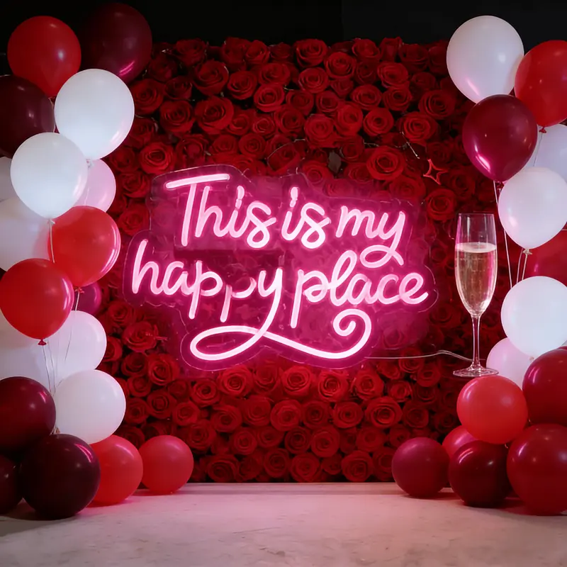 This is my happy place pink neon sign usb powered dimmable LED light sign, dimmable switch, birthday, christmas, thanksgiving, new year, housewarming gifts, family gathering, bar, game room, man cave, bedroom wall decoration