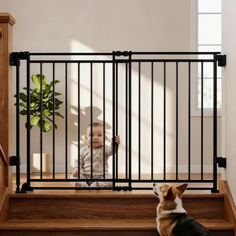 Heavy-Duty Steel Safety Baby Gate - 26"-44" W x 28" H Adjustable Fit, No Bottom Bar, 1-Handed Auto-Close Hardware-Mount, Durability, 30x26.5x2.4 Inches, Black/White, for Stairs & Doorways