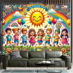 2D Flat, 2D Flat Printing Backdrop Banner 1pc, Happy Young Kids Playing Outdoors Background Cloth, Vibrant Wall Hanging for Living Room, Bedroom, Office, or Party Decor, Party Backdrop