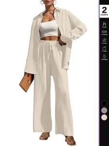 2 Piece Outfits for Women Casual Lounge Sets Long Sleeve Button Down Shirts and Wide Leg Pants Sets Tracksuit