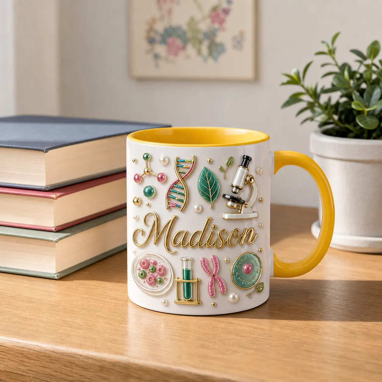 Personalized Science Mug 2D Printed 3D Effect, Custom Name Ceramic Coffee Cup with Microscope DNA Leaf and Lab Tools Design, Gift for Scientist Women