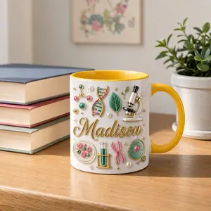 Personalized Science Mug 2D Printed 3D Effect, Custom Name Ceramic Coffee Cup with Microscope DNA Leaf and Lab Tools Design, Gift for Scientist Women